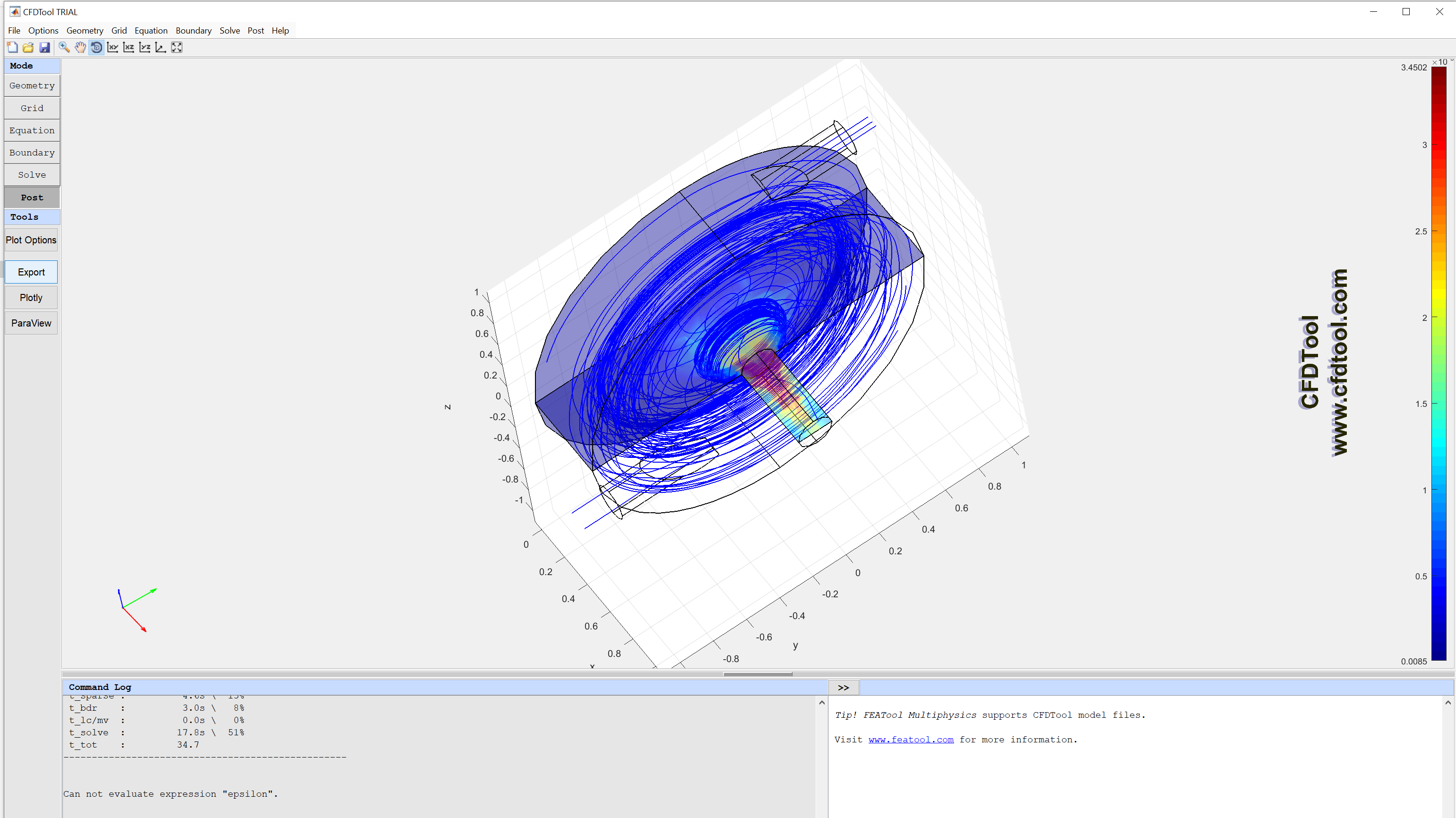 solution when implemented with cfd tool trial version (k-w model)