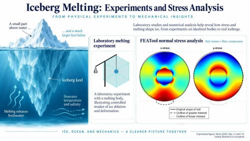 Horizontal and vertical FEATool normal stress fields for a lead-core ice ball with observed melt outlines overlaid